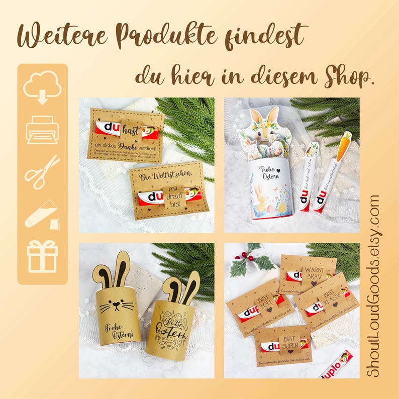 May include: A collection of printable paper crafts featuring brown and white cardstock holders for chocolate bars. The items include bunny-shaped cutouts, Easter-themed graphics, and German text such as Frohe Ostern, du hast ein dickes Danke verdient, and Die Welt ist sch&ouml;n.