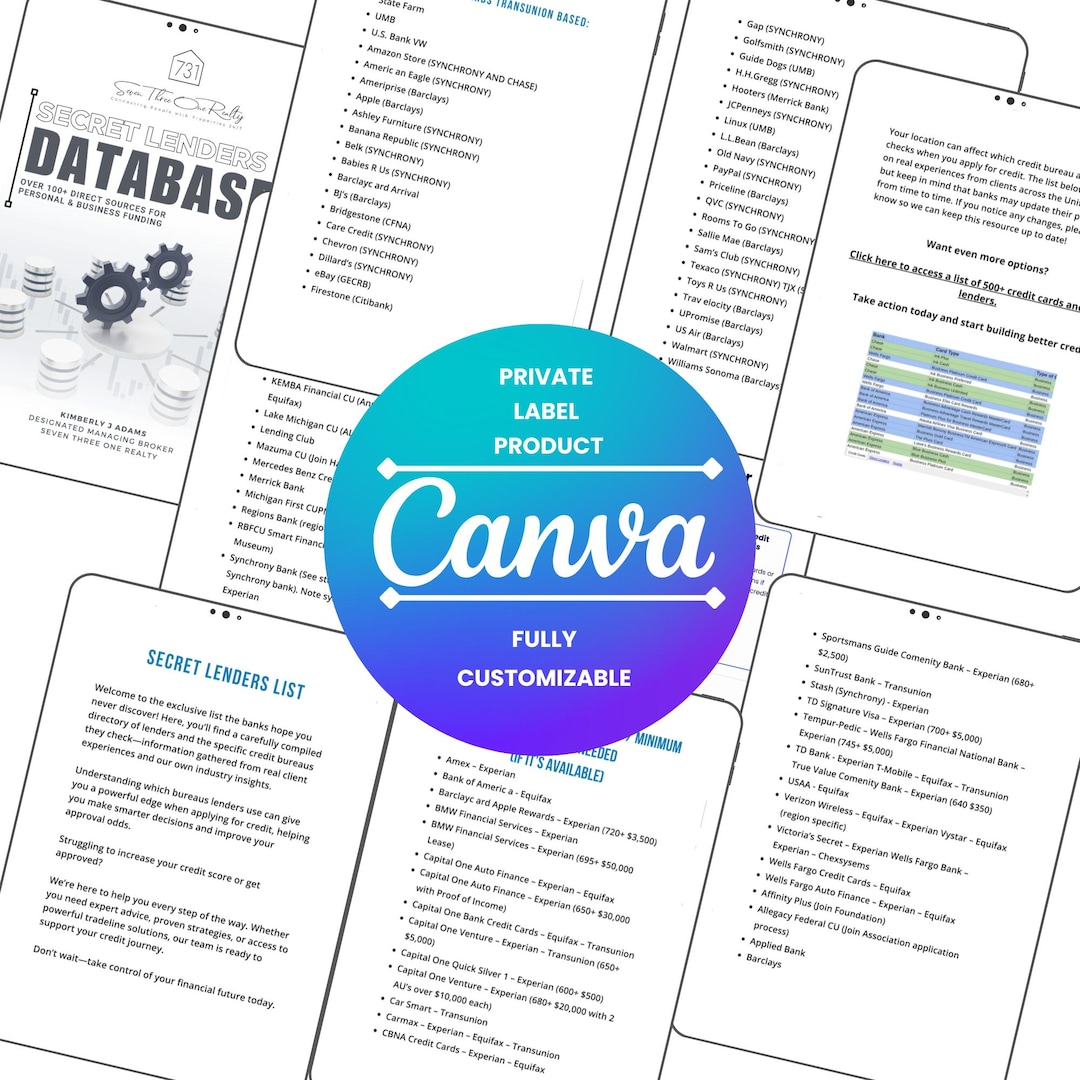 Secret Lender Database | 100+ Funding Sources, PLR Canva Template ...