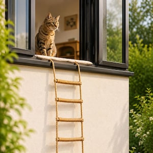 May include: A tan rope ladder with six horizontal rungs hangs from a window sill. The ladder features thick, braided rope side rails and wrapped rope steps. A brown tabby cat sits on the window sill at the top of the ladder, looking to the right.