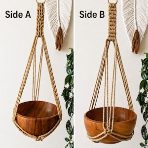 May include: Two views of a hanging macrame plant holder with a wooden bowl. The macrame is made of tan rope, and the bowl is a warm brown color. The text "Side A" and "Side B" are visible.