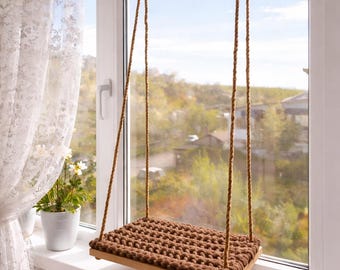 Cozy Cat Window Perch Solid Pine, No-Drill Shelf Hammock Bed, Handmade Macrame Boho Cat Shelf Bed, Renter Friendly, Made in EU