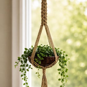 Pode incluir: Um suporte de plantas em macramé com um vaso de cerâmica castanho cheio de plantas verdes. O macramé de corda bege apresenta um design tecido no topo, com fios longos que sustentam o vaso. A planta tem vinhas penduradas.