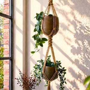 Portavaso doppio grande in juta macramè / Adatto a vasi da 30 cm / Fioriera sospesa boho in juta naturale per due vasi / Portavaso rustico da interno