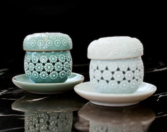 韓国手作り青磁茶器セット：蔓モチーフ（5人用） - Etsy 日本