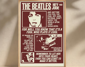 The Beatles Hey Jude 1968 Poster | Vintage Retro Wall Art | Classic Red Tone Print | Iconic Cultural Decor