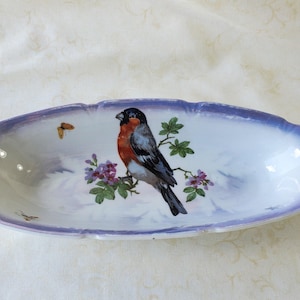 May include: An oval ceramic dish with a scalloped edge and a light blue gradient border. The center features a detailed illustration of a bullfinch perched on a flowering branch, accompanied by a small butterfly and a tiny insect on the side.