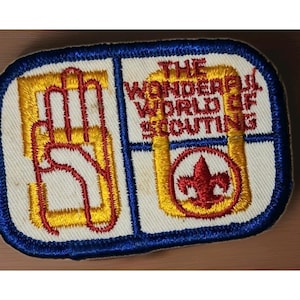 May include: Embroidered patch with a blue border and a white background. The patch is divided into two sections. The left section features a yellow and red hand symbol. The right section has the text "THE WONDERFUL WORLD OF SCOUTING" and a red fleur-de-lis symbol.