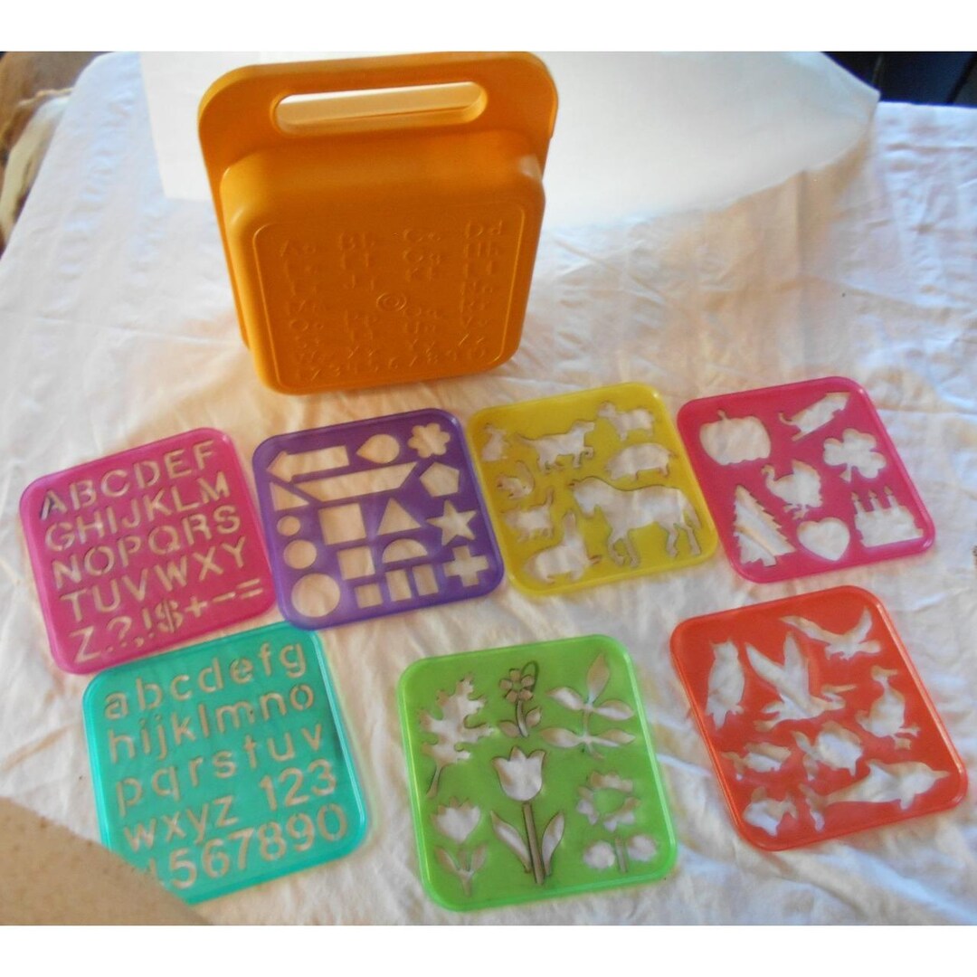 1980s Tupperware 7 Stencil Art Set & Alphabet Case Box Letters Animals ...