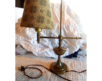 Vintage Brass Arm Student Bank Table Desk Lamp Ornate MCM Leather Lace Shade Cot