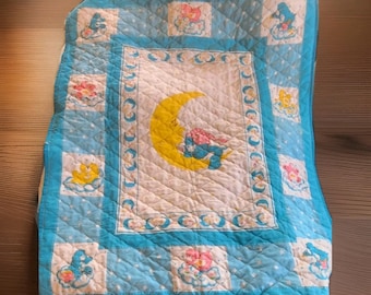 VTG Care Bears Baby Throw Quilt Crib Blanket Blue 44 X 34 Tapestry Wall Hanging