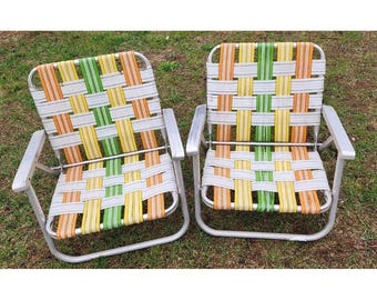 Vintage Aluminum Folding Lawn Beach Chair Webbed Short Low Pr Matching Pair of 2