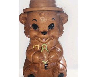 Pote de biscoitos de cerâmica vintage dos anos 1960 com o Urso Smokey Ranger - Twin Winton Raro Camp