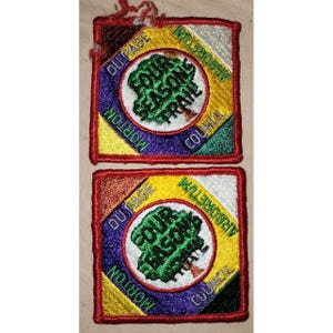 May include: Two square embroidered patches with a red border. Each patch features a green tree graphic inside a white circle, with the words "FOUR SEASONS TRAIL". The patches have text that reads "MORTON", "DU PAGE", "ARBORETUM", and "COUNCIL".