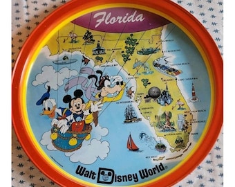 Bandeja de lata para servir bebidas de Disney World Florida Golfo de México, estilo vintage de los años 70.