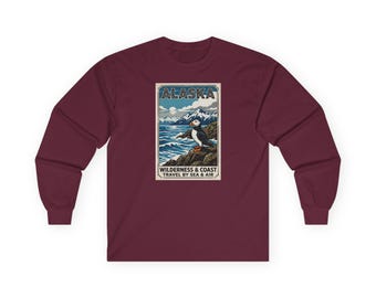 Camiseta de manga larga con póster de viaje clásico de Alaska / Frailecillo cornudo