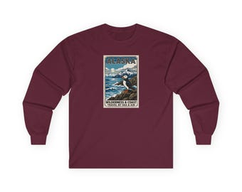 Alaska Classic Travel Poster Long Sleeve Tee | Horned Puffin