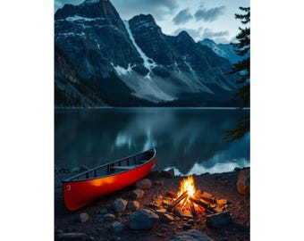 Póster satinado de una canoa en un lago de montaña.