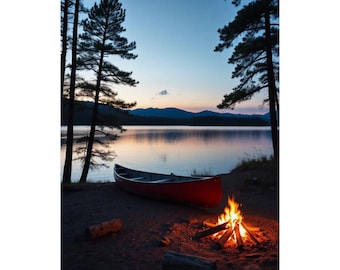 Lámina decorativa satinada "Serenidad de fogata" - Arte mural de naturaleza, decoración para exteriores, estilo cabaña.