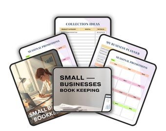 May include: A collection of digital business planning templates. The templates include sections for seasonal promotions, collection ideas, and a business planner. The central template reads "Small Businesses Book Keeping."