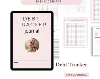 Puede incluir: Un diario digital de seguimiento de deudas que se muestra en una tableta, con un fondo rosa y el texto "DEBT TRACKER journal". La imagen incluye una ilustración de cerdo y hojas de pago de deudas imprimibles adicionales.