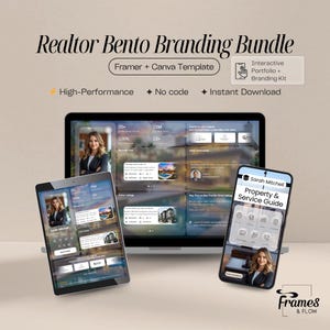 Pacchetto di branding di lusso per agenti immobiliari / Modello portfolio Framer Bento, biglietto digitale magnetico Glassmorphism, QR/vCard e kit di presentazione Canva