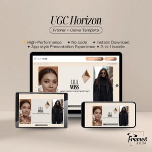 Puede incluir: Presentación digital de un producto que muestra una plantilla de Framer y Canva. El diseño presenta una computadora portátil, una tableta y un teléfono que muestran una cartera con el texto "UGC Horizon" y "Lila Voss". El texto adicional incluye "Alto rendimiento", "Sin código" y "Descarga instantánea".