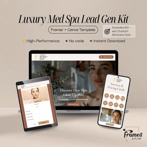 Kit de generación de leads para spa médico de lujo / Embudo de cuestionario, página de destino y guía de servicios clicables – Paquete de plantillas editables para Framer y Canva