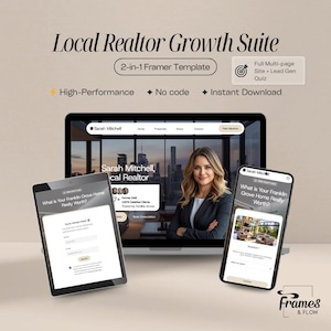 May include: A digital marketing suite for realtors, displayed on a laptop, tablet, and smartphone. The suite includes a 2-in-1 Framer template, high-performance features, and a lead generation quiz. The branding includes the name "Sarah Mitchell, Local Realtor."