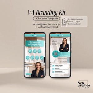 Virtual Assistant App-Style Canva Template | 8P Clickable PDF Services Guide + Textable QR Business Card VA Branding Kit