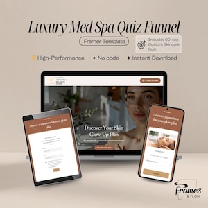 Plantilla Med Spa Framer con cuestionario de piel / Página de destino de alta conversión y embudo de generación de leads / Clínica estética de lujo / Descarga instantánea