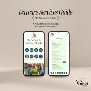 May include: Two smartphones display a daycare services guide. The left phone shows a services and pricing guide with icons and a photo of children. The right phone shows pricing plans. Text includes "Daycare Services Guide" and "Instant Download."