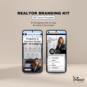Modèle Canva pour agent immobilier | Guide des services (style application) + Carte de visite avec QR code (téléchargement numérique)