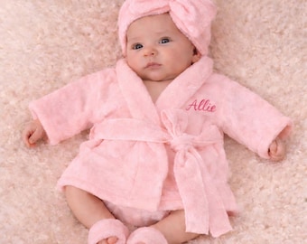 Personalized Infant Robe Set, Embroidered Baby Bathrobe, Slippers & Headwrap