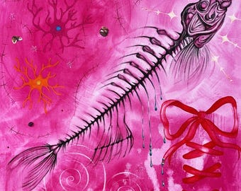 May include: A vibrant pink painting featuring a fish skeleton with a red bow and corset detail. The artwork includes abstract shapes, spirals, and starbursts, creating a surreal and artistic composition.
