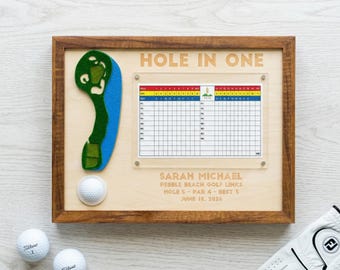 Hole in One Scorecard Display Frame | Custom Felt Course Map, Golf Ball Holder