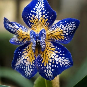 May include: Close-up of a vibrant blue and yellow flower with white accents. The petals are a deep blue with yellow and white patterns. The flower's center has a unique shape, and the background is blurred.