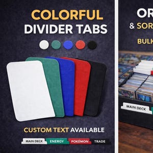 Op de afbeelding: Kleurrijke scheidingskaarten in wit, groen, blauw, rood en zwart. De afbeelding toont ook een bulk sorteerbox voor het organiseren en sorteren van kaarten. Tekst op de tabs luidt "Main Deck", "Energy", "Pokémon" en "Trade".