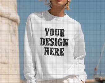 Oversized White Gildan Sweatshirt Mockup – Beach Lifestyle (Digital Download)