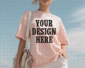 Gildan 5000 lichtroze oversized mockup, lichtroze t-shirt divers model mock-up, G500 roze T-shirt mock-up zwart model, western mock Bach-feest