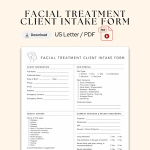 Pode incluir: Um formulário de admissão de clientes para tratamentos faciais em formato PDF, com texto preto sobre fundo branco. O documento inclui seções para informações do cliente, perfil da pele, histórico de saúde e cuidados atuais com a pele.