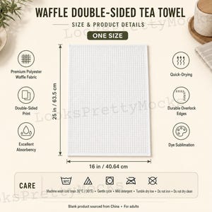 Op de afbeelding: Een witte dubbelzijdige wafeltheedoek van 40,64 cm bij 63,5 cm. Kenmerken zijn onder meer hoogwaardige wafelstof van polyester, dubbelzijdige bedrukking, sneldrogend, duurzame overlockranden en sublimatiedruk. Wasvoorschriften zijn inbegrepen.
