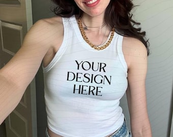 Bella Canvas 1019 witte tanktop mockup: microrib, echt model (digitale download)