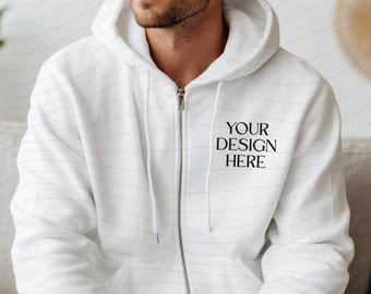 Wit Gildan 18600-mockup met capuchon en volledige ritssluiting (digitale png-download)