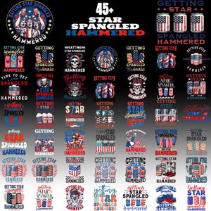 Puede incluir: Una colección de más de 45 diseños gráficos con el texto Getting Star Spangled Hammered, que incorporan patrones de banderas estadounidenses, latas de cerveza, calaveras, botas vaqueras y motivos patrióticos en rojo, blanco y azul.