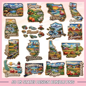 50 US State Cultural Map Sublimation Design PNG, Vintage  States Map Bundle Png, Retro Travel Stickers Set PNG, Instant Download