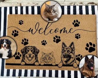 Personalized Door Mat with Your Pets (Up to 4) - Dog & Cat Portrait Coir Mat