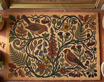 Bird Art Coir Doormat, William Morris Inspired Welcome Floral Design, Rustic Outdoor Mat