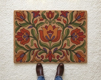 Felpudo de fibra de coco con diseño floral de mediados de siglo, felpudo de bienvenida floral.