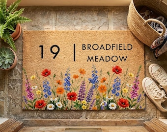 Customized Address Wildflower Doormat, Spring Floral Entryway Rug, Garden Welcome Mat, Meadow Flower Mat