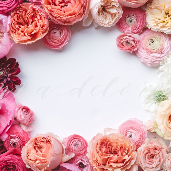 Styled Stock Photo, Flower Stock Product Photography, Floral Wreath Garland, Peony, Ranunculus, Flower Border, Flowers Custom Stock Photos